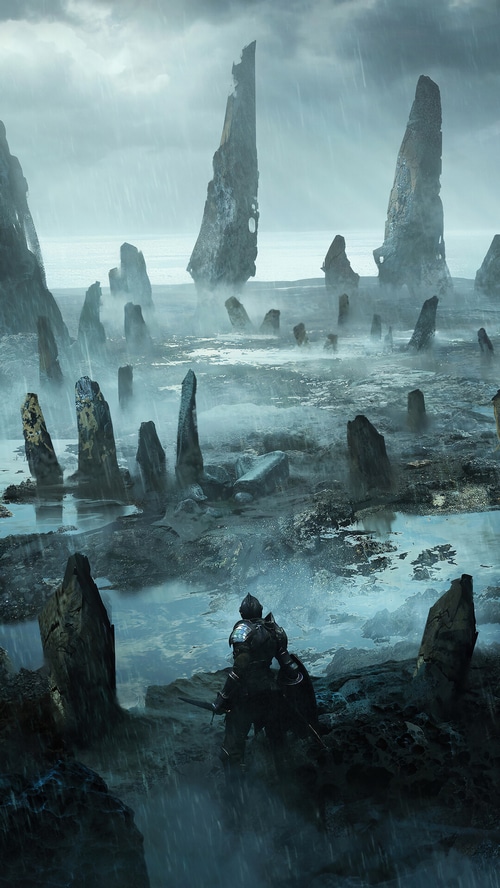 Demons Souls Knight in a Rocky, Rainy Landscape