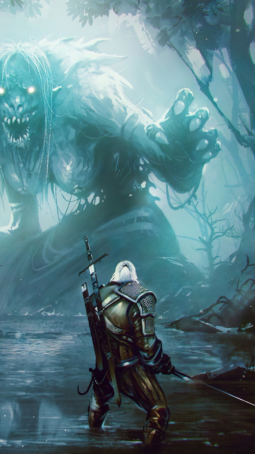 Geralt of Rivia fights a monster in a swamp