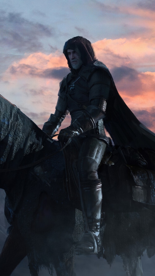 Geralt of Rivia on horseback at sunset
