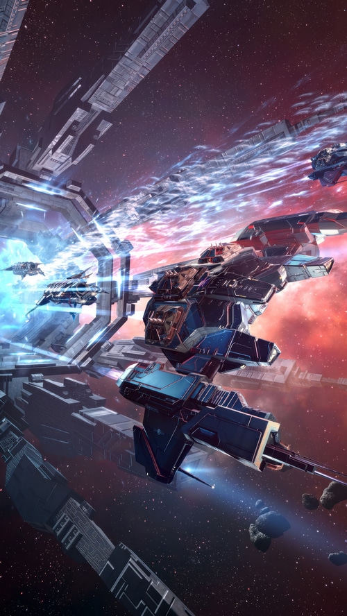 EVE Online spaceships warping through a stargate