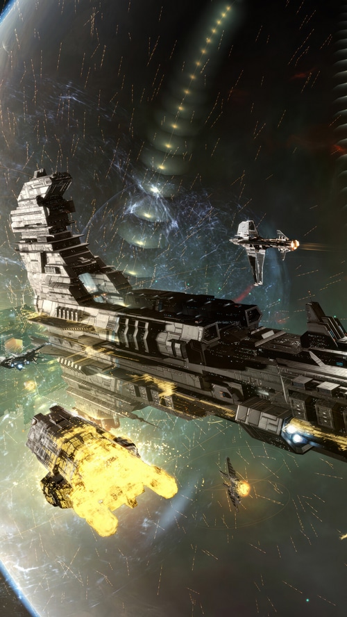 EVE Online spaceships in a cosmic battle