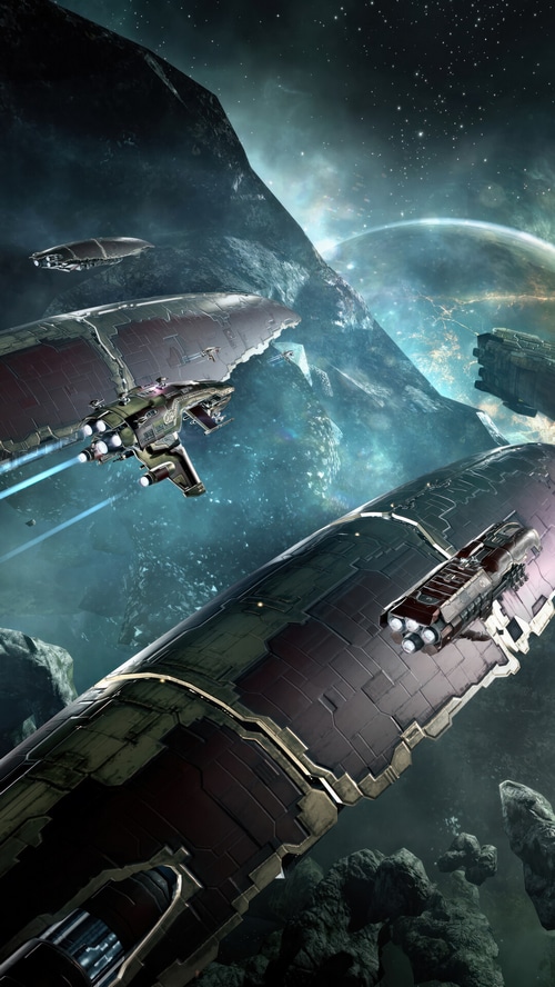 EVE Online spaceships near a planet and asteroid field