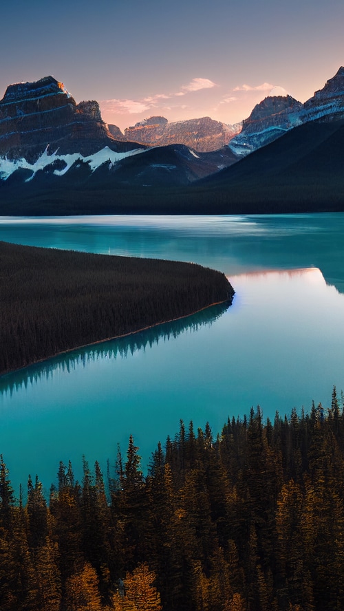 Turquoise Lake and Mountains at Sunset