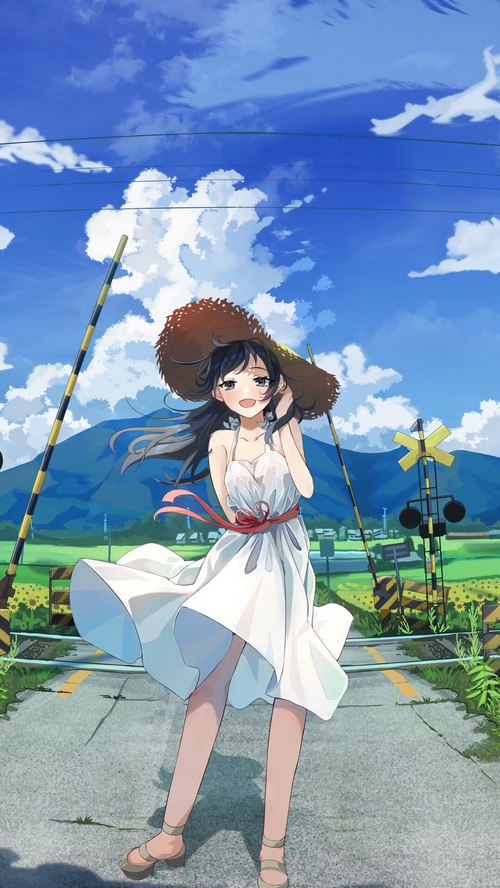 Anime girl in a white dress and straw hat at a railroad crossing