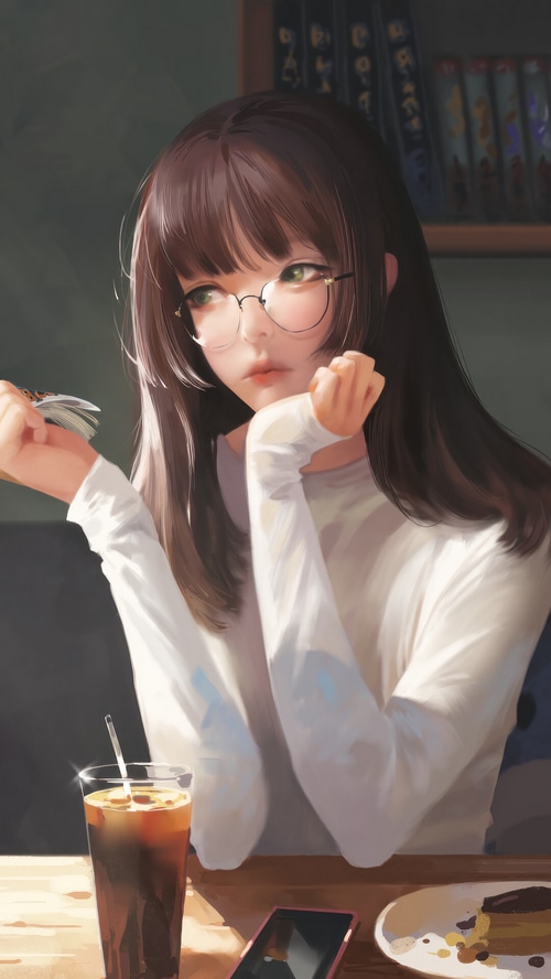 Anime girl with glasses in a cafe