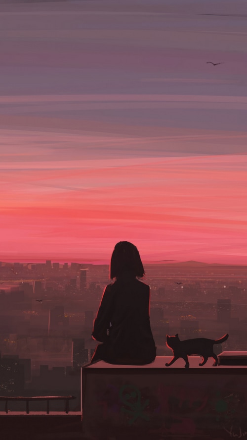 Anime girl and cat watching the sunset over a city