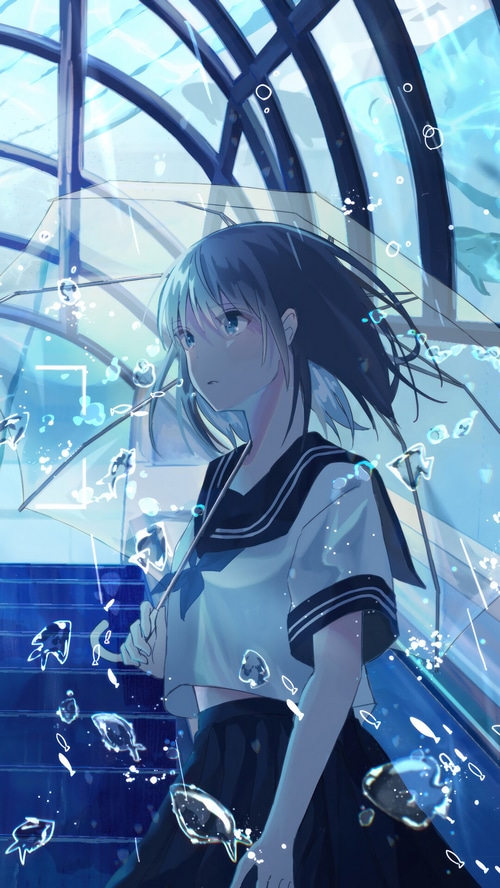 Anime girl in school uniform holding an umbrella