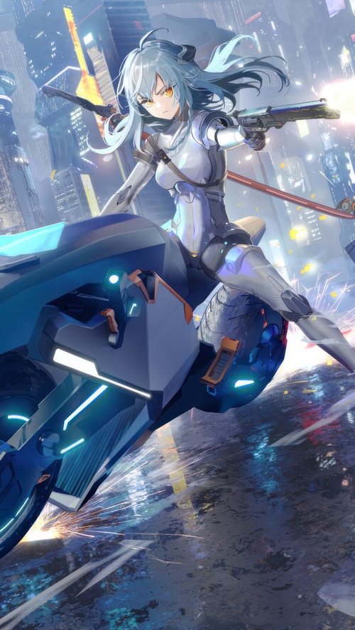 Anime girl with gun riding a futuristic motorcycle