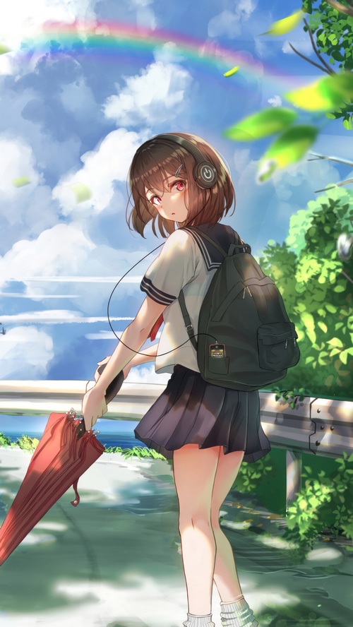 Anime student girl with headphones and backpack walking