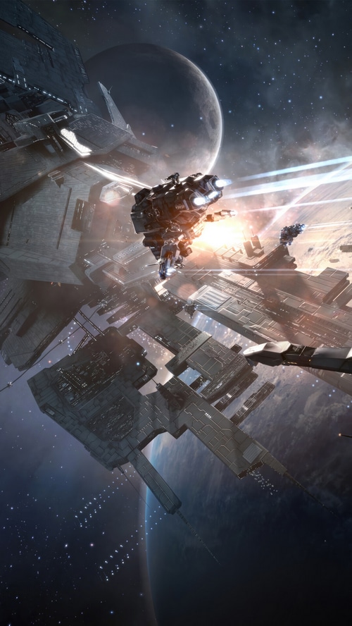 EVE Online Space Battle with Moon and Planet
