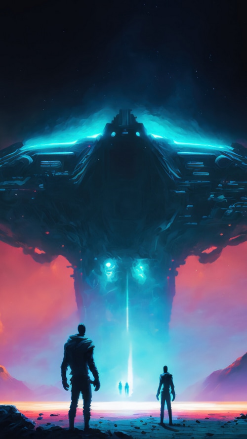 Alien spaceship descends on a desolate planet