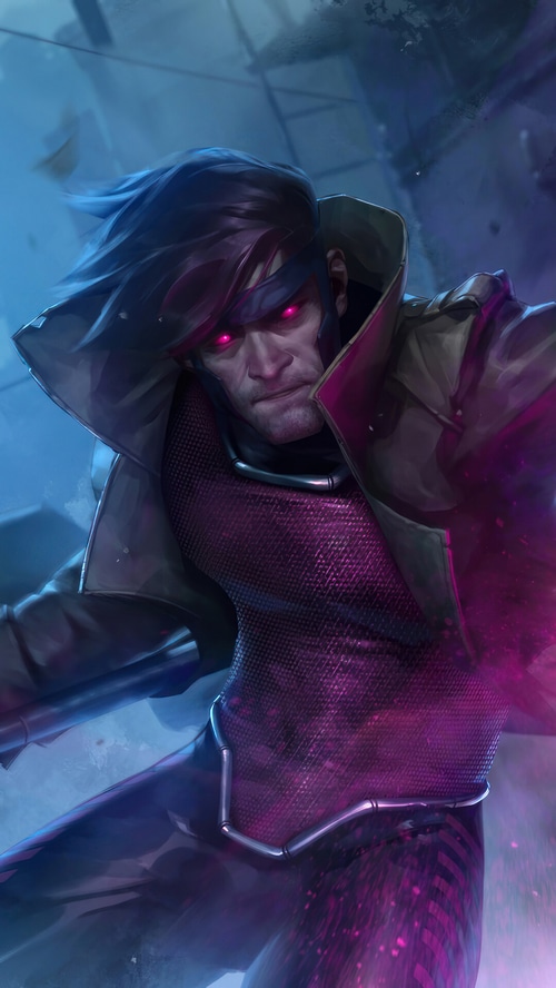 Gambit from X-Men with glowing pink eyes