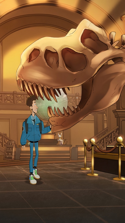 T-Rex Skeleton and a Museum Worker in Night at the Museum