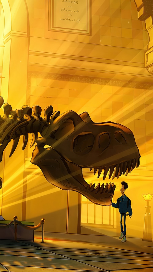 Tyrannosaurus Rex skeleton in a museum with a boy