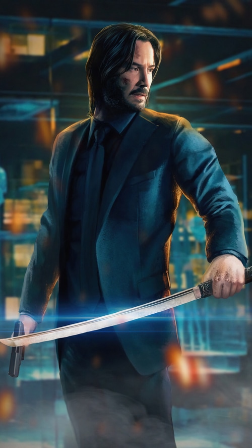 John Wick holding a sword and gun