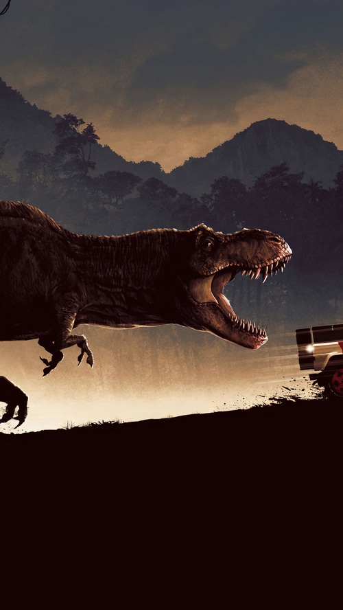 Tyrannosaurus Rex attacking a vehicle in Jurassic Park