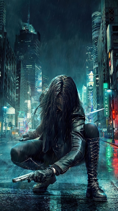 Assassin in a Rainy City Street