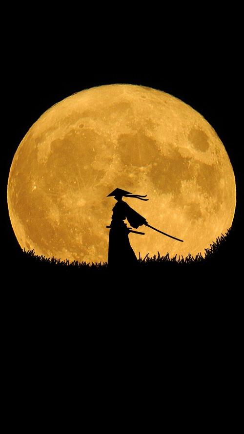 Samurai silhouette against a full moon