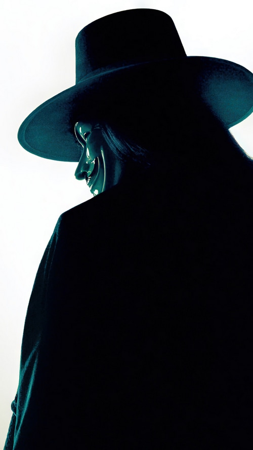 V for Vendetta wearing a Guy Fawkes mask and hat
