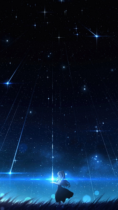 Anime girl reaching for a glowing star in a starry night sky