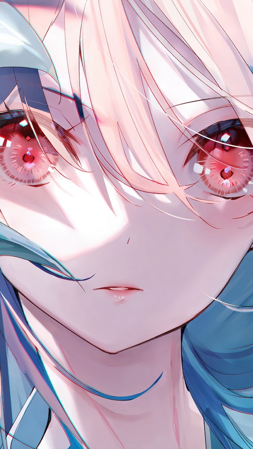 Anime Girl with Red Eyes and Blue Hair