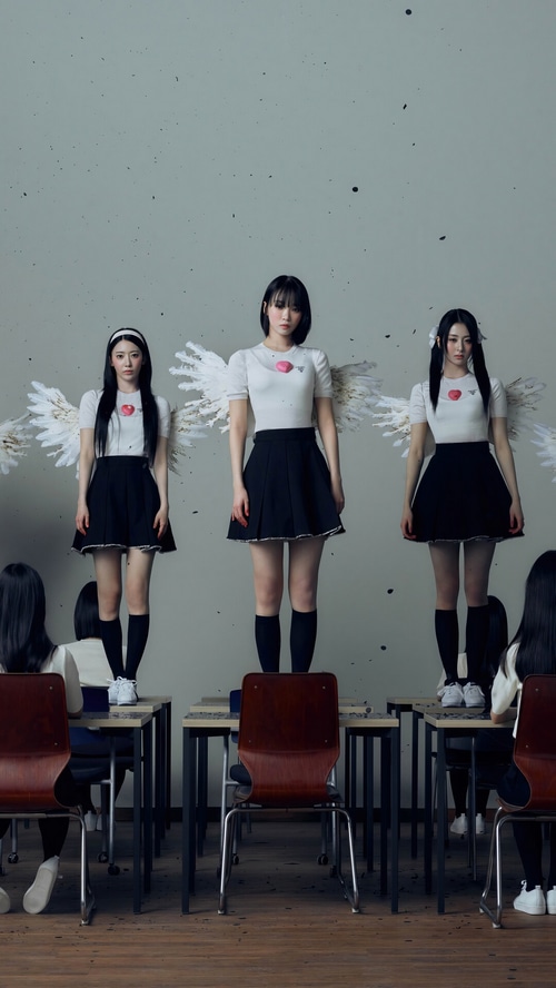 LE SSERAFIM members standing on desks with wings