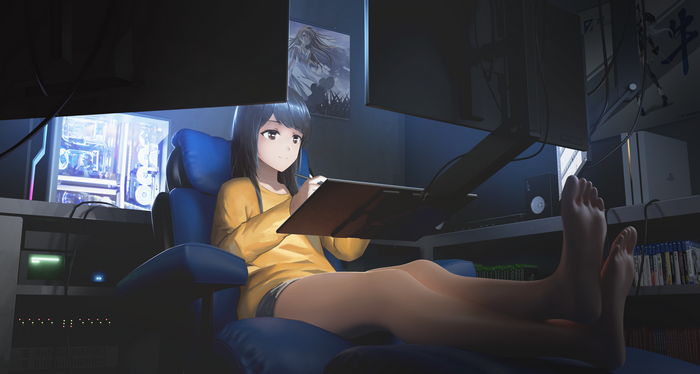 Girl drawing on a tablet in a gaming room