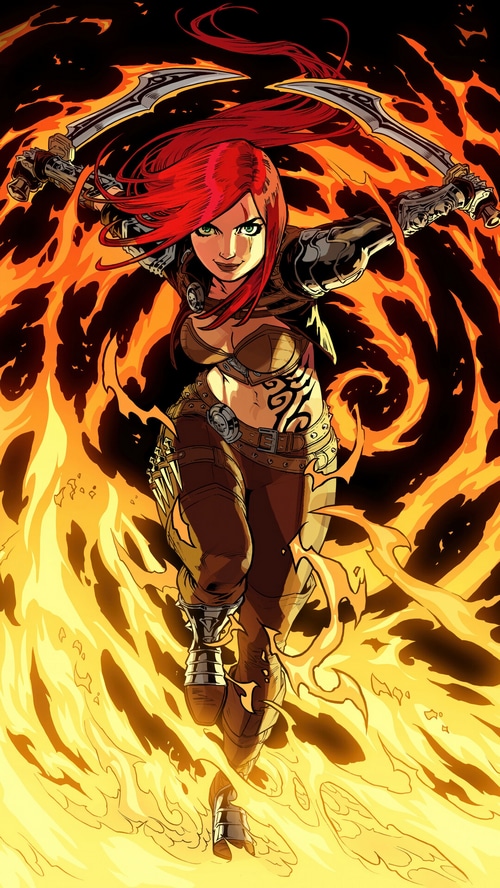 Katarina from League of Legends surrounded by fire