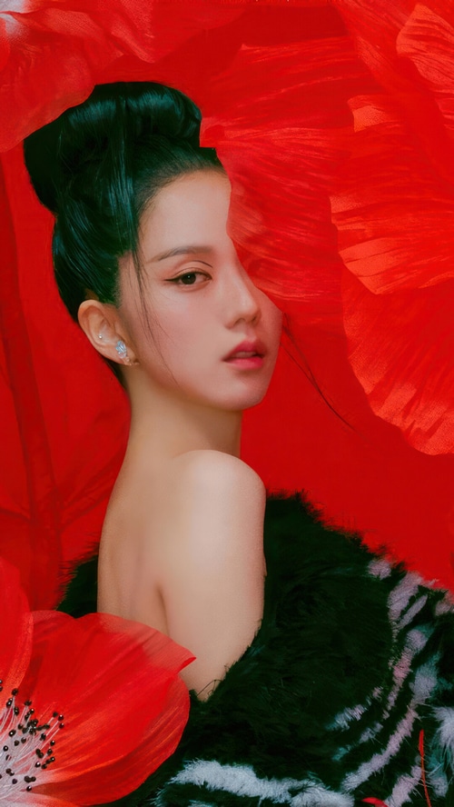 Jisoo from BLACKPINK with red flowers