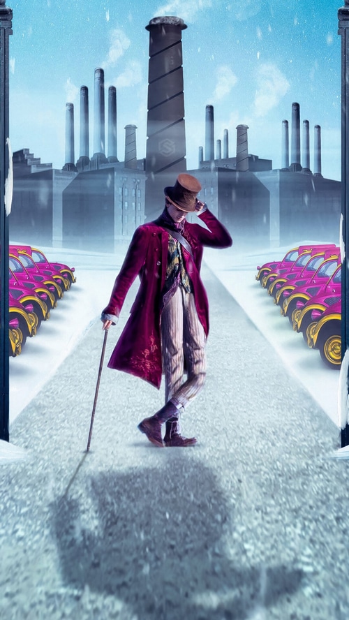 Willy Wonka with factory and cars