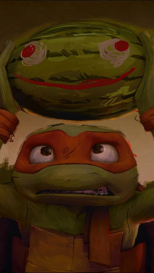 Michelangelo holding a watermelon with a face