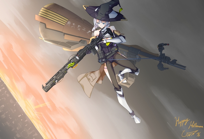 Girl with a witch hat and rifle
