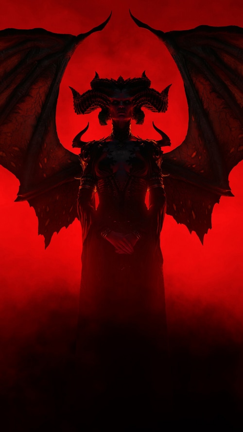 Lilith from Diablo IV with large wings