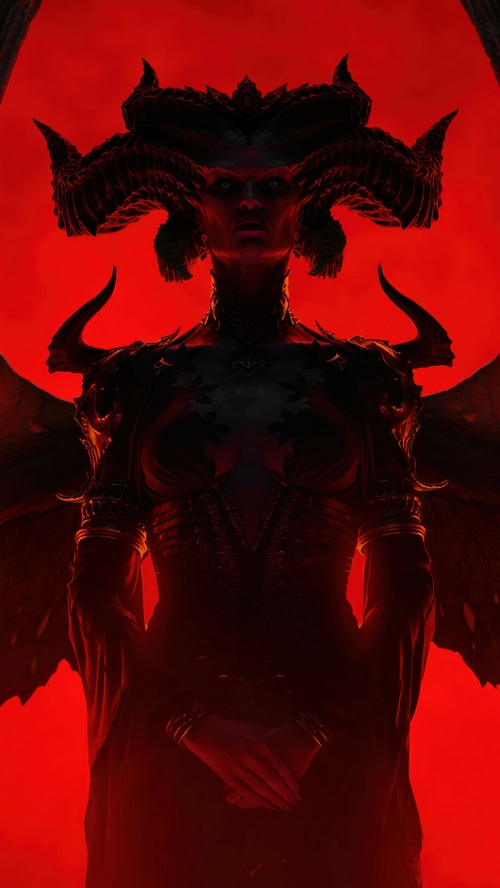 Lilith from Diablo IV against a red background