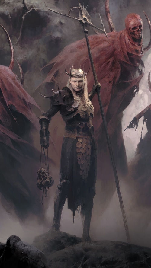 Diablo IV Necromancer with a Crown and Staff