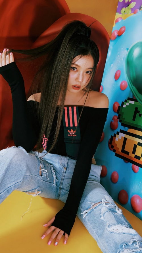 NMIXX Kyujin in Adidas Off-the-Shoulder Top and Ripped Jeans