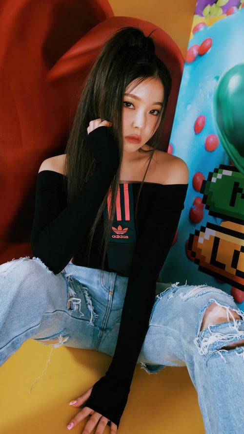 NMIXX Kyujin in Adidas Off-Shoulder Top and Ripped Jeans