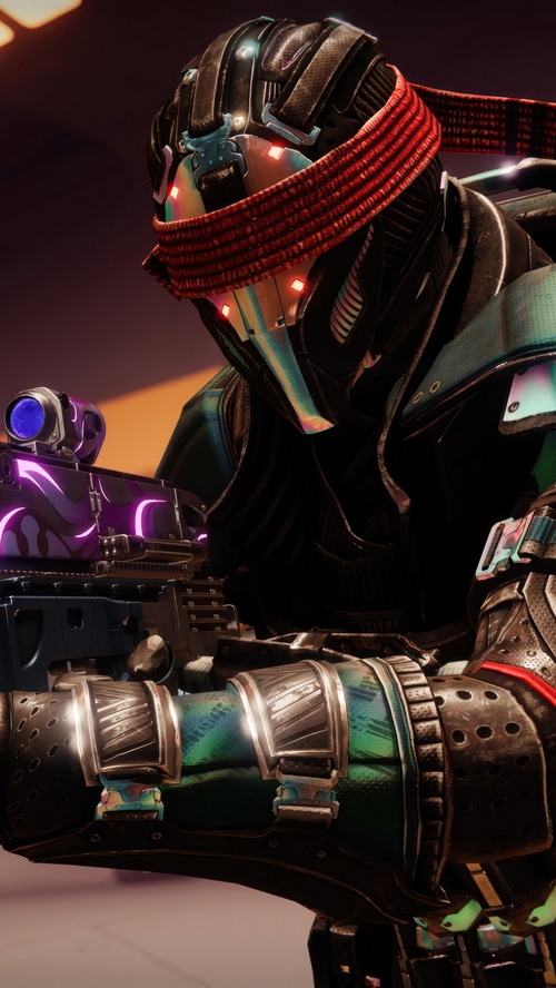 Destiny 2 Titan with a red headband and rifle