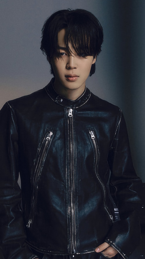 Jimin wearing a black leather jacket