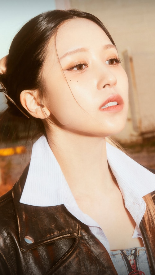 Mina from TWICE in a leather jacket