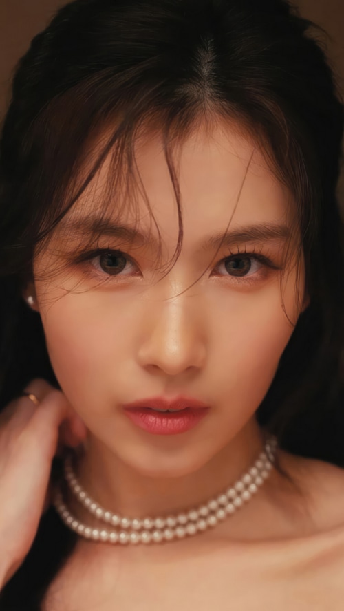 Sana from TWICE wearing a pearl necklace