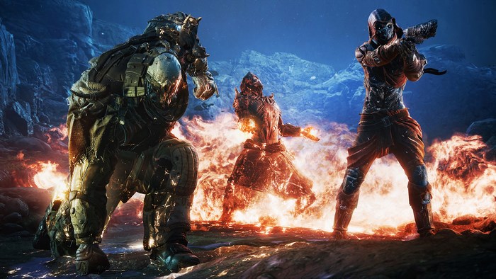 Outriders characters in a fiery landscape