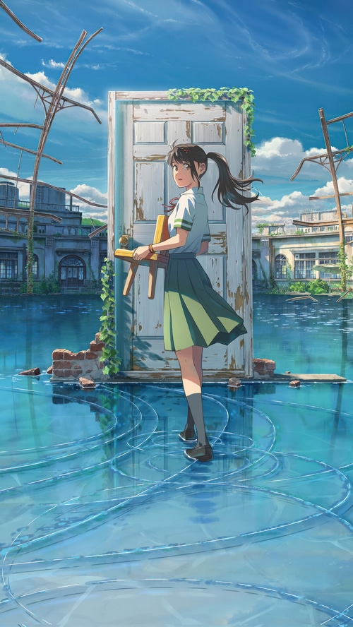 Suzume Iwato in a flooded abandoned town