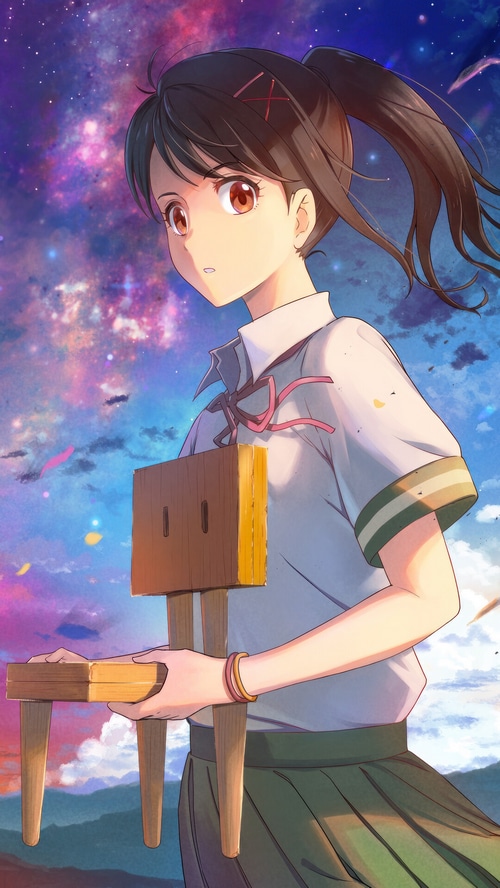 Suzume Iwato holding a chair with a starry sky background