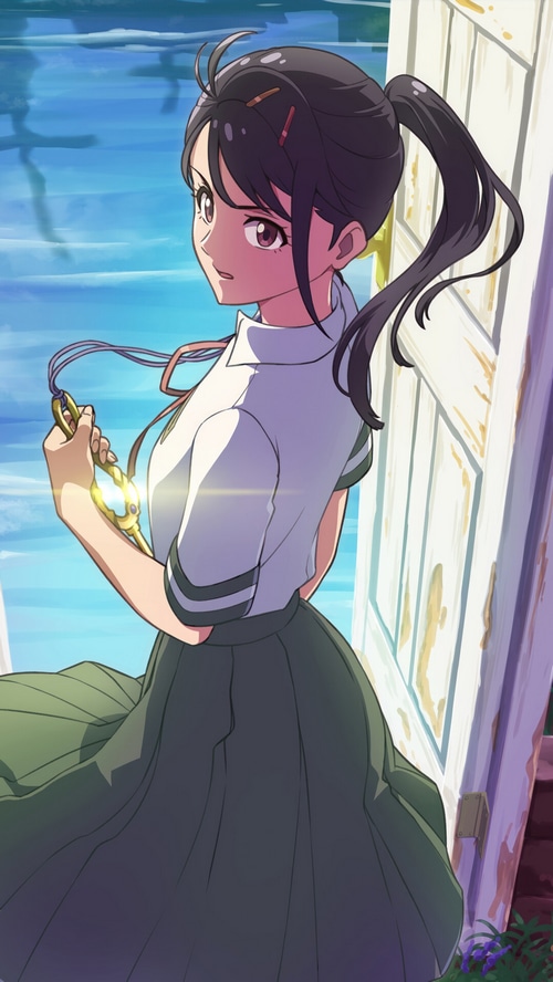 Suzume Iwato holding a golden key