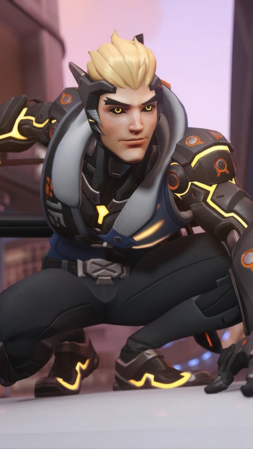 Genji from Overwatch in a crouching pose