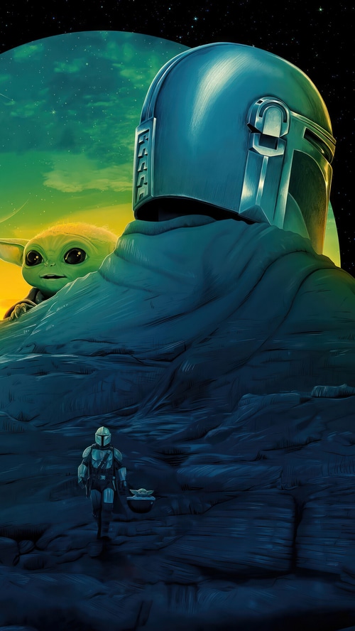 The Mandalorian and Grogu on a rocky planet