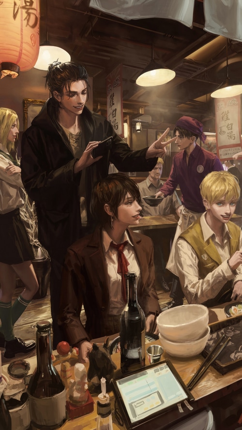 Attack on Titan characters in a Japanese restaurant