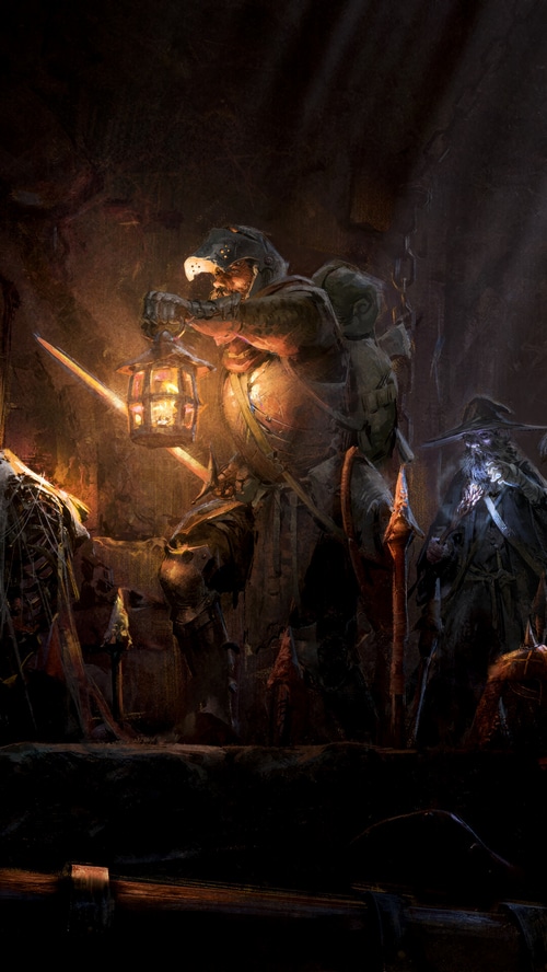 Dark and Darker dungeon with armored figures and a lantern