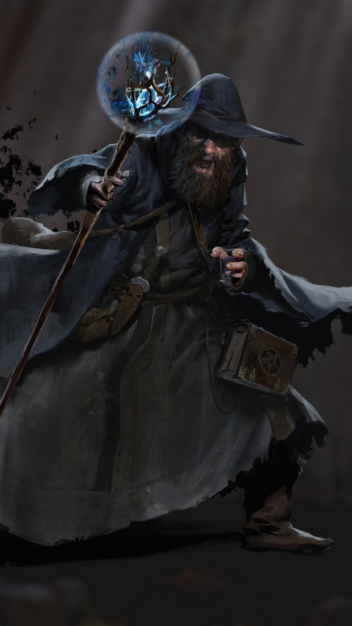 Wizard casting a spell with a staff and book